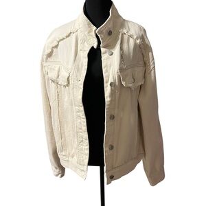 POL Cream Distressed Jean Jacket With Rhinestone Detail Size Medium